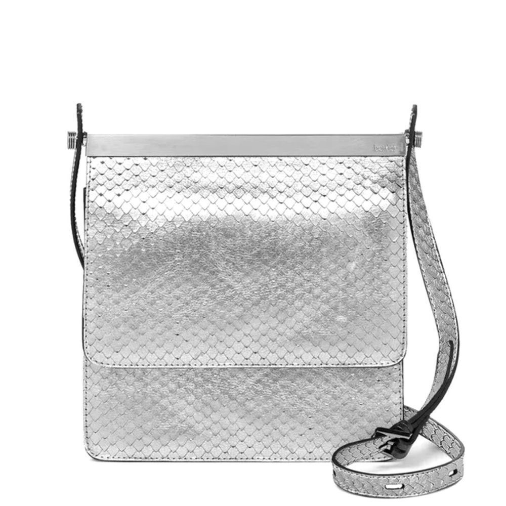Small Silver Metallic Botkier Crawford Snakeskin Crossbody Purse Flap Closure